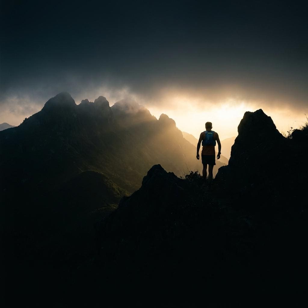 A lone climber on a ridge at first light, with a mountain range and breaking cloud ahead.